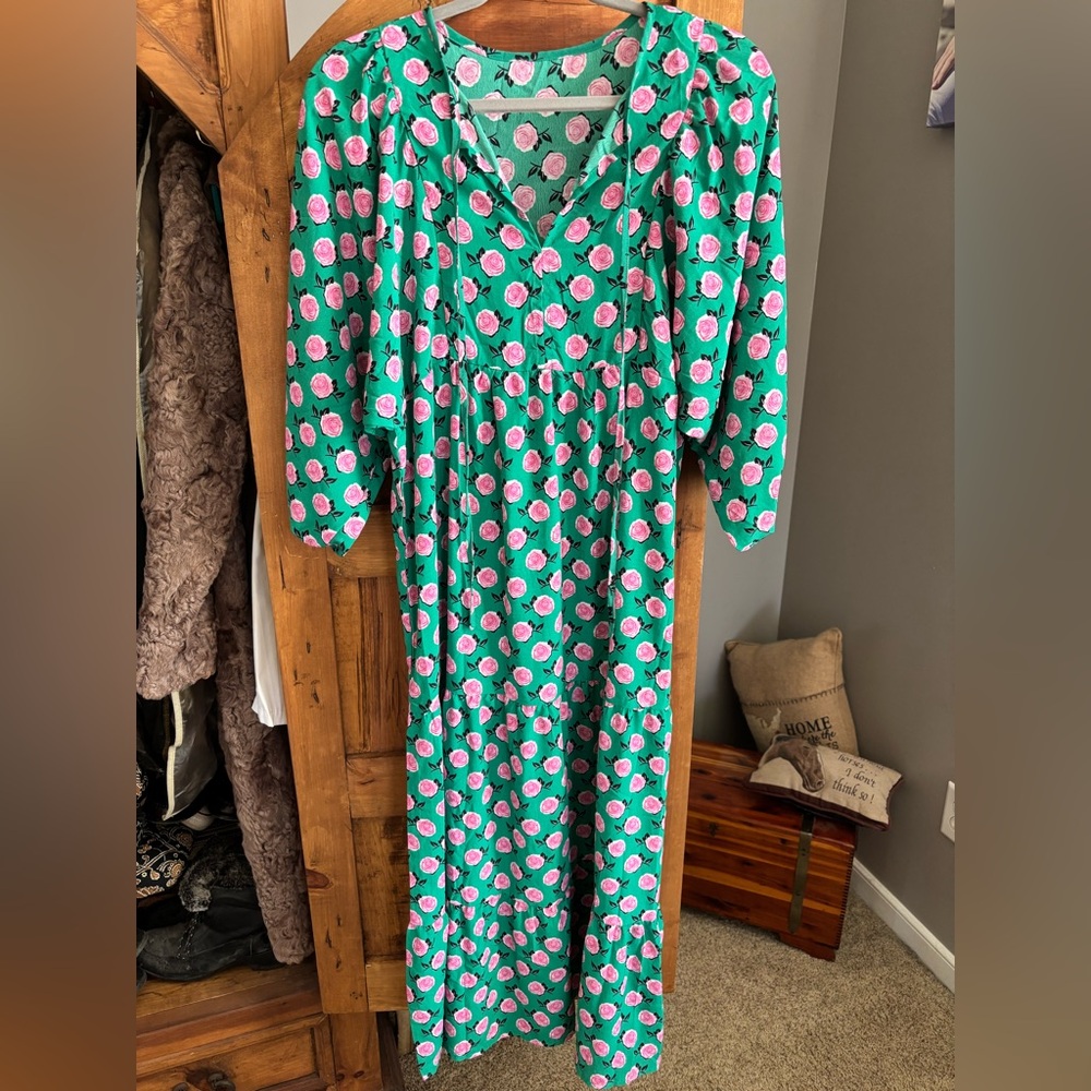 Women's Green Maxi Dress with Pink Floral Print